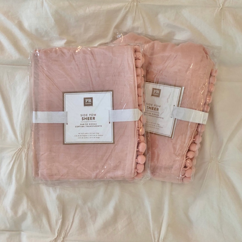 PB Teen Pom fringe quartz pink sheer panels, qty 2